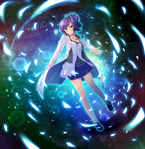 Anime picture 1280x1315 with sakura no mori dreamers original yamakaze ran single tall image looking at viewer blush short hair standing holding yellow eyes game cg cleavage purple hair ponytail sparkle lens flare outstretched arm standing on one leg glow