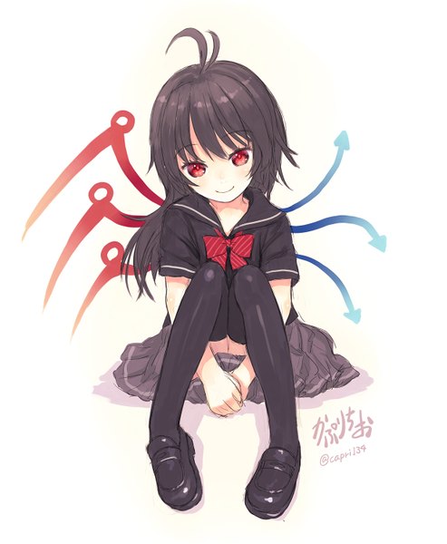 Anime picture 1234x1500 with touhou houjuu nue capriccio single long hair tall image looking at viewer blush fringe black hair simple background red eyes white background sitting signed full body ahoge head tilt pleated skirt light smile