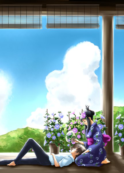 Anime picture 800x1112 with summer wars madhouse shinohara natsuki koiso kenji osuzu akiomi tall image breasts black hair brown hair sitting payot sky cloud (clouds) bent knee (knees) eyes closed traditional clothes japanese clothes barefoot hair flower light smile