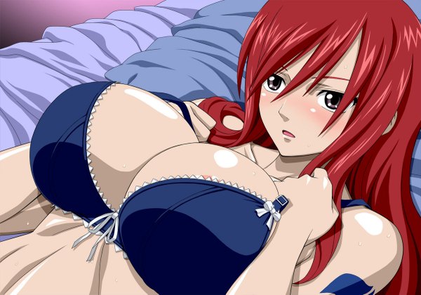 Anime picture 1200x841 with fairy tail erza scarlet single long hair blush breasts open mouth light erotic large breasts brown eyes red hair lying girl bed
