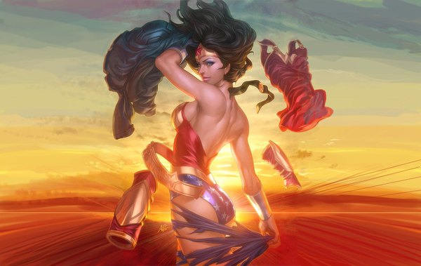Anime picture 1423x900 with dc comics wonder woman artgerm (stanley lau) single long hair looking at viewer breasts blue eyes light erotic black hair smile standing bare shoulders signed ass arm up lips sunlight realistic armpit (armpits)