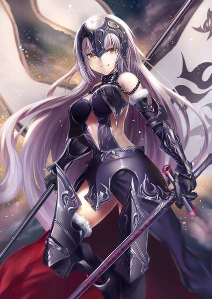 Anime picture 626x884 with fate (series) fate/grand order fate/apocrypha jeanne d'arc (fate) (all) jeanne d'arc alter (fate) jeanne d'arc alter (avenger) (third ascension) (fate) heirou single long hair tall image looking at viewer light erotic blonde hair smile yellow eyes very long hair grey hair girl weapon sword