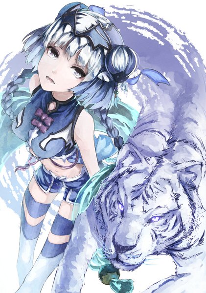 Anime picture 702x1000 with puzzle & dragons yuuichi (4561643) long hair tall image looking at viewer blue eyes standing purple eyes bare shoulders blue hair braid (braids) from above bare belly hair bun (hair buns) twin braids girl ribbon (ribbons) animal shorts short shorts