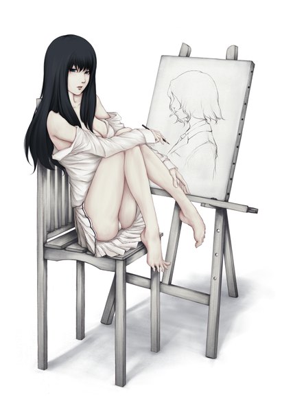 Anime picture 1322x1857 with kara no shoujo innocent grey kuchiki toko tagme (artist) single long hair tall image looking at viewer breasts blue eyes light erotic black hair large breasts white background sitting ass pleated skirt open clothes pantyshot open shirt