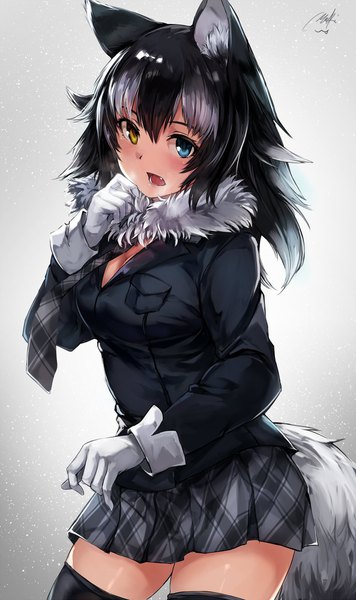 Anime picture 1186x2000 with kemono friends grey wolf (kemono friends) maki (maki pei) single long hair tall image looking at viewer blush fringe breasts open mouth blue eyes black hair simple background hair between eyes signed animal ears yellow eyes cleavage white hair