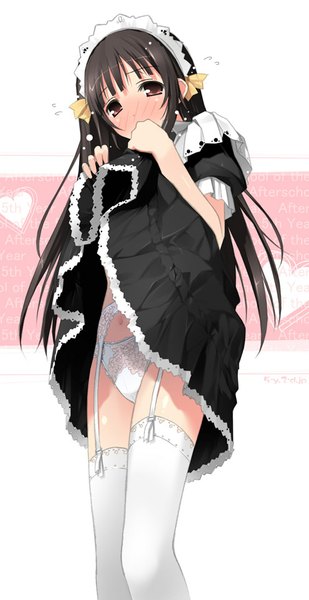 Anime picture 496x962 with original kantoku single long hair tall image looking at viewer blush fringe light erotic black hair standing brown eyes maid embarrassed girl thighhighs uniform underwear panties bow