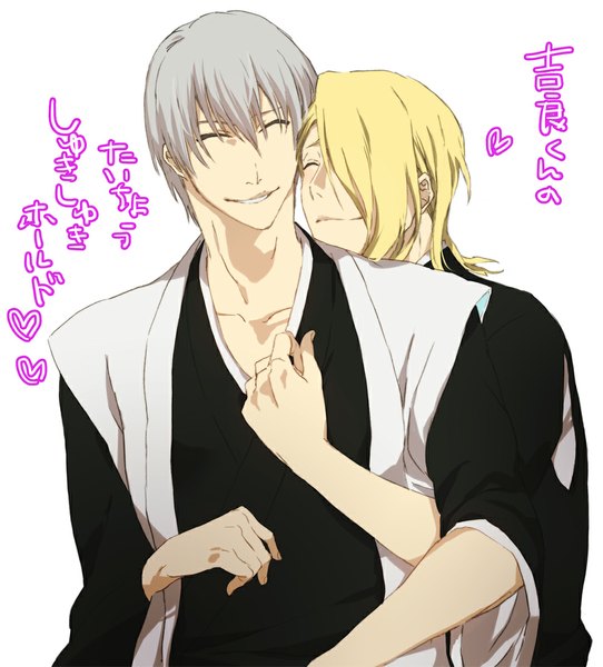 Anime picture 1000x1108 with bleach studio pierrot ichimaru gin kira izuru an (artist) tall image blush fringe short hair simple background blonde hair smile white background eyes closed traditional clothes japanese clothes grey hair hair over one eye multiple boys hug