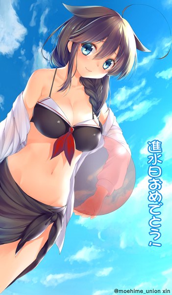 Anime picture 1000x1708 with kantai collection shigure destroyer obiwan single long hair tall image looking at viewer blush breasts blue eyes light erotic black hair smile sky cloud (clouds) braid (braids) girl navel swimsuit bikini
