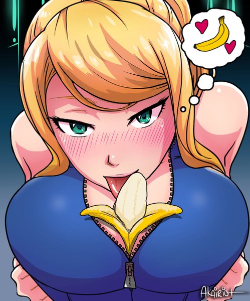 Anime picture 1024x1231 with metroid samus aran akairiot single long hair tall image looking at viewer blush breasts light erotic blonde hair large breasts green eyes licking sexually suggestive girl tongue fruit banana