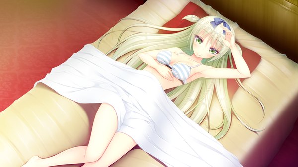 Anime picture 1024x576 with gakuen butou no folklore single long hair blush breasts light erotic wide image green eyes game cg white hair lying girl bow hair bow lingerie bra bed