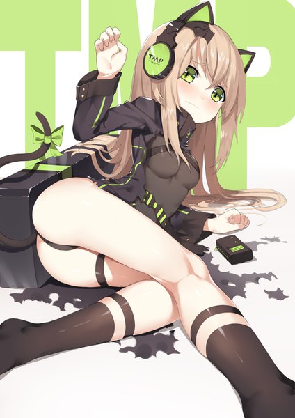 Anime picture 1200x1697 with girls frontline tmp (girls frontline) sh (562835932) single long hair tall image looking at viewer blush fringe breasts light erotic blonde hair simple background hair between eyes white background green eyes animal ears payot bent knee (knees) ass