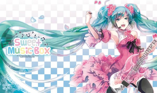 Anime picture 1500x889 with vocaloid hatsune miku rahwia single long hair open mouth wide image hair flower aqua eyes aqua hair checkered background singing girl thighhighs dress hair ornament flower (flowers) detached sleeves petals musical instrument