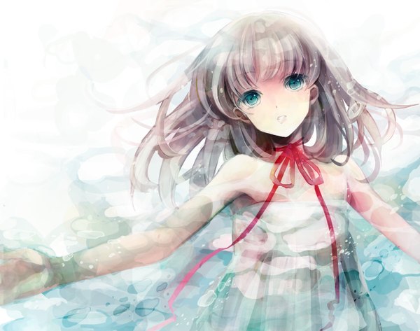 Anime picture 1330x1050 with pyo (artist) single long hair simple background brown hair bare shoulders aqua eyes grey hair sleeveless spread arms underwater girl dress ribbon (ribbons) choker water white dress