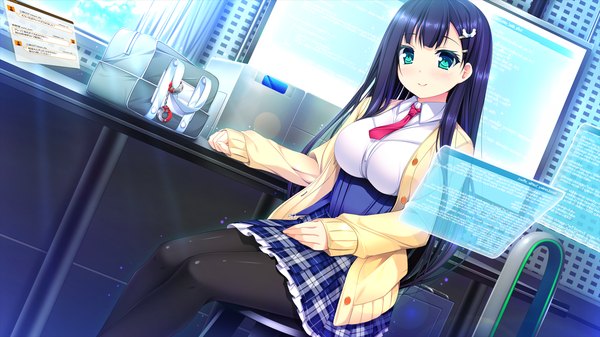 Anime picture 1280x720 with harvest overray giga ouno sumi single long hair looking at viewer blush blue eyes black hair smile wide image sitting game cg girl uniform school uniform pantyhose necktie