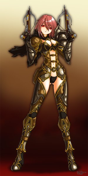 Anime picture 600x1200 with diablo (game) blizzard entertainment evilflesh (artist) single tall image looking at viewer short hair light erotic red eyes red hair girl gloves navel underwear panties weapon shoes armor crossbow