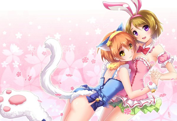 Anime picture 1000x688 with love live! school idol project sunrise (studio) love live! hoshizora rin koizumi hanayo moyu blush short hair open mouth light erotic blonde hair purple eyes multiple girls animal ears yellow eyes tail animal tail cat ears orange hair cat girl