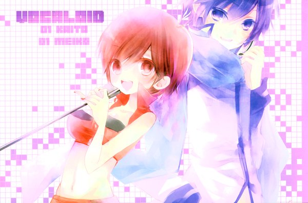 Anime picture 6061x4010 with vocaloid kaito (vocaloid) meiko blush highres short hair blue eyes red eyes blue hair absurdres red hair singing girl boy scarf microphone microphone stand