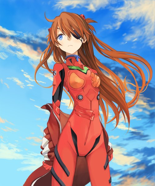 Anime picture 1200x1435 with neon genesis evangelion rebuild of evangelion evangelion: 3.0 you can (not) redo gainax soryu asuka langley shikinami asuka langley kari kenji single long hair tall image blue eyes brown hair looking away sky cloud (clouds) ahoge wind girl jacket eyepatch