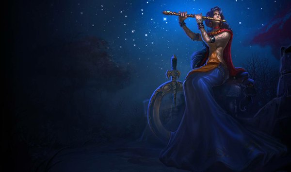 Anime picture 1215x717 with league of legends soraka (league of legends) single long hair wide image sitting blue hair braid (braids) night single braid crescent girl dress plant (plants) tree (trees) star (stars) musical instrument flute