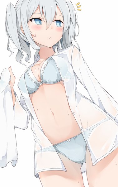 Anime picture 678x1073 with kantai collection kashima training cruiser cole single long hair tall image blush fringe breasts blue eyes light erotic simple background hair between eyes standing white background twintails holding payot looking away silver hair