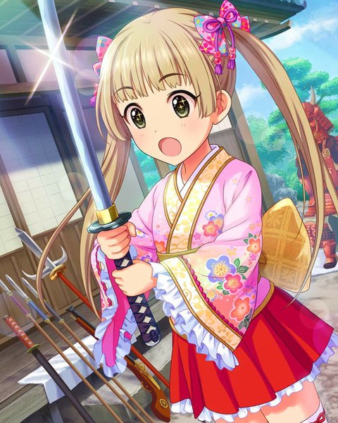 Anime picture 640x800 with idolmaster idolmaster cinderella girls yokoyama chika single long hair tall image blush fringe open mouth blonde hair standing twintails holding green eyes sky cloud (clouds) outdoors traditional clothes japanese clothes sunlight