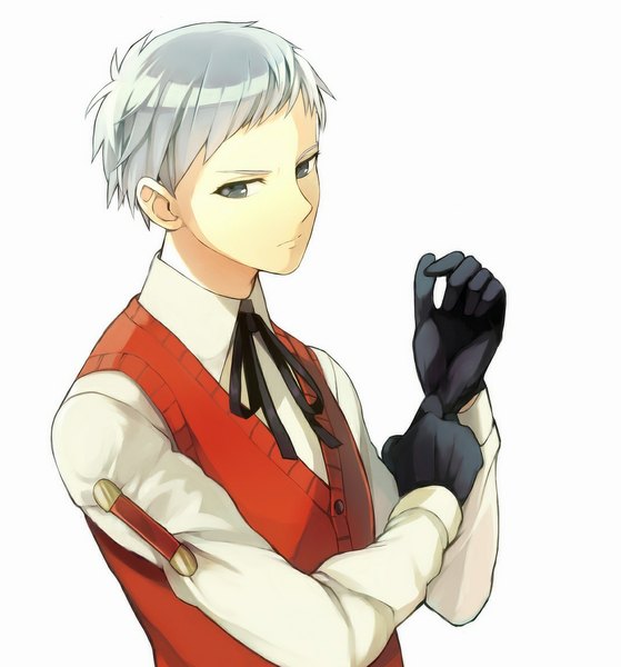 Anime picture 1086x1167 with persona 3 persona sanada akihiko shiorinda single tall image short hair simple background white background looking away silver hair grey eyes adjusting gloves boy gloves shirt black gloves white shirt vest
