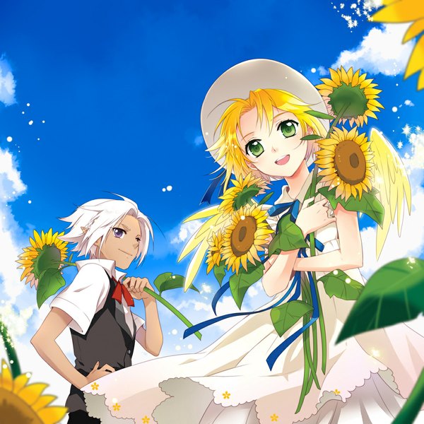 Anime picture 1100x1100 with sound horizon lost-ko eien no shounen mca (dessert candy) short hair blonde hair smile purple eyes green eyes sky cloud (clouds) white hair wind hand on hip elf girl boy ribbon (ribbons) hat wings