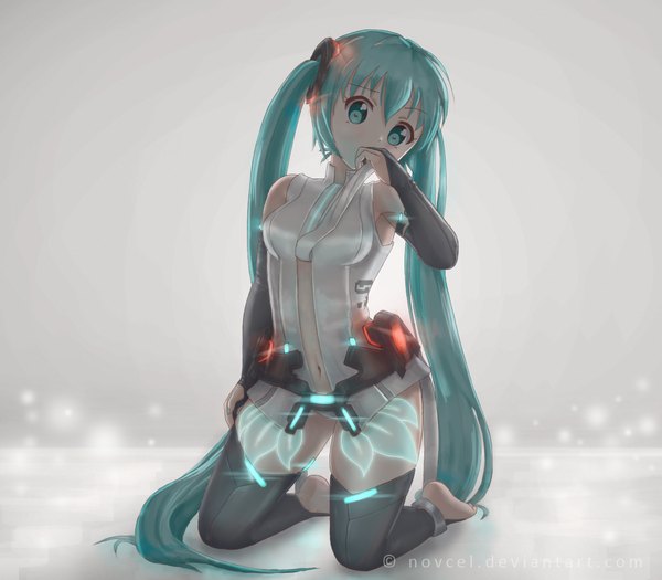 Anime picture 1200x1050 with vocaloid vocaloid append hatsune miku hatsune miku (append) novcel long hair looking at viewer simple background twintails signed nail polish aqua eyes aqua hair grey background girl thighhighs gloves navel detached sleeves elbow gloves