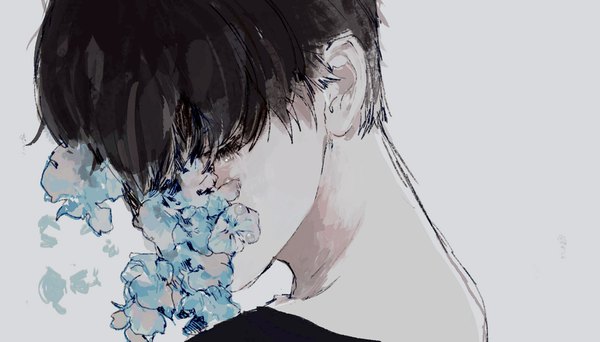 Anime picture 1752x1001 with original parel (artist) single fringe highres short hair black hair wide image head tilt covering covering face boy flower (flowers) petals
