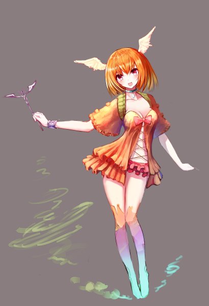 Anime picture 820x1200 with original iori (cpeilad) single tall image looking at viewer blush short hair open mouth simple background red eyes orange hair grey background head wings girl thighhighs dress wings