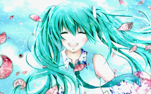 Anime picture 1500x938 with vocaloid hatsune miku aonoe single long hair open mouth wide image twintails bare shoulders eyes closed aqua hair girl petals