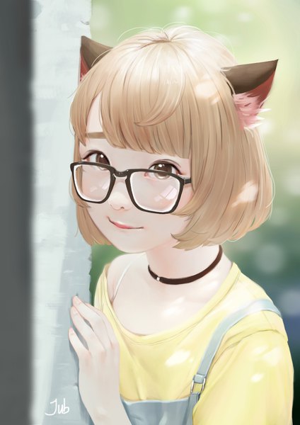 Anime picture 2481x3508 with original hana (jubi) jubi (regiana) single tall image looking at viewer fringe highres short hair brown hair brown eyes animal ears upper body blunt bangs lips cat ears realistic depth of field lipstick pink lipstick