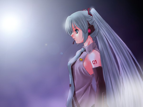 Anime picture 1600x1200 with vocaloid hatsune miku mode (artist) long hair highres twintails profile aqua eyes aqua hair wallpaper girl detached sleeves necktie headphones microphone