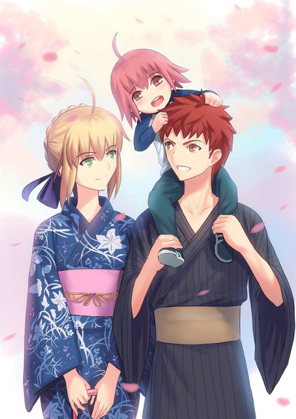 Anime picture 992x1403 with fate (series) fate/grand order fate/stay night artoria pendragon (all) saber emiya shirou fateline alpha tall image short hair open mouth blonde hair smile holding brown eyes green eyes payot ahoge red hair traditional clothes :d