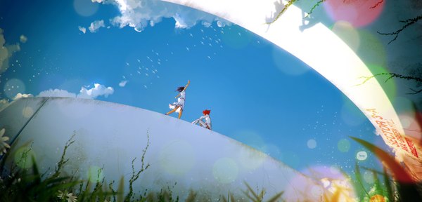 Anime picture 3370x1618 with original hikaruga highres short hair black hair wide image cloud (clouds) red hair couple spread arms girl boy plant (plants) grass
