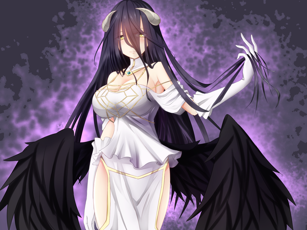 Anime picture 2000x1500 with overlord (maruyama) madhouse albedo (overlord) eeryuu single long hair looking at viewer highres breasts light erotic black hair simple background large breasts bare shoulders yellow eyes cleavage ahoge parted lips horn (horns) armpit (armpits)