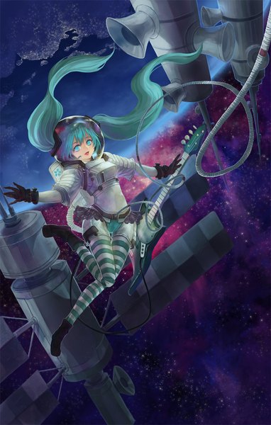 Anime picture 1146x1800 with vocaloid hatsune miku quaanqin single long hair tall image looking at viewer open mouth twintails sky aqua eyes aqua hair space weightlessness girl thighhighs gloves black gloves boots star (stars)