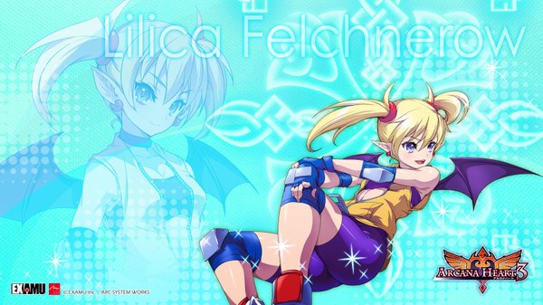 Anime picture 1600x900 with arcana heart lilica felchenerow fringe blue eyes blonde hair smile wide image twintails pointy ears inscription official art teeth fang (fangs) demon girl demon wings girl gloves earrings wings shorts