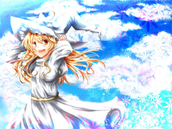 Anime picture 1600x1200 with touhou kirisame marisa asano tomoya (artist) blonde hair yellow eyes sky cloud (clouds) girl dress hat white dress