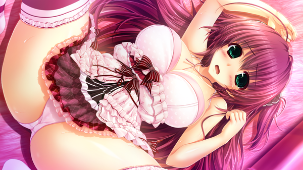 Anime picture 1280x720 with sakigake generation! clochette yukinomiya anon oshiki hitoshi single long hair looking at viewer blush breasts open mouth light erotic wide image large breasts bare shoulders green eyes game cg cleavage on back spread legs embarrassed