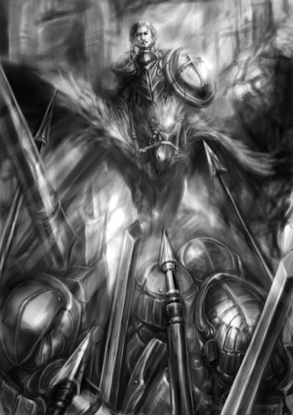 Anime picture 2893x4092 with original sakaiyuuki (artist) tall image highres monochrome riding boy weapon sword armor building (buildings) helmet monster spear