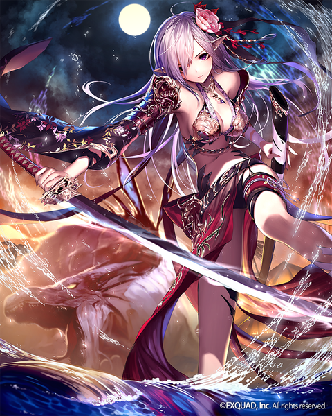 Anime picture 800x1000 with original megusuri single long hair tall image fringe light erotic standing purple eyes holding looking away silver hair cloud (clouds) ahoge hair flower pointy ears hair over one eye night wide sleeves night sky