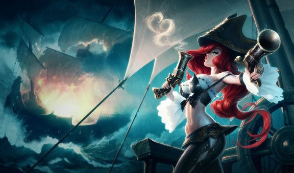 Anime picture 1215x717 with league of legends miss fortune (league of legends) single long hair wide image standing holding red hair profile midriff smoke rain destruction pirate smoking gun girl navel water sea pistol