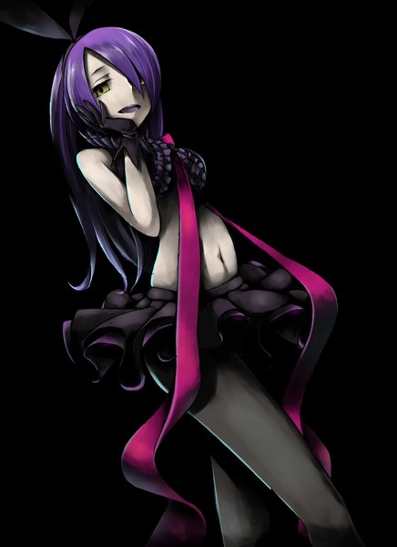 Anime picture 1700x2338 with unlight stacia (unlight) shoben (pixiv id1736543) single long hair tall image looking at viewer fringe open mouth simple background bare shoulders green eyes purple hair hair over one eye black background gothic girl skirt gloves navel