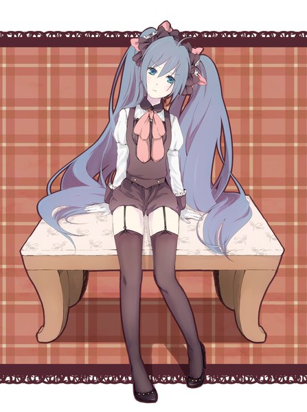 Anime picture 1417x1903 with vocaloid hatsune miku sumaki (hozonnko) single long hair tall image looking at viewer blue eyes sitting twintails blue hair girl thighhighs bow black thighhighs hair bow shorts