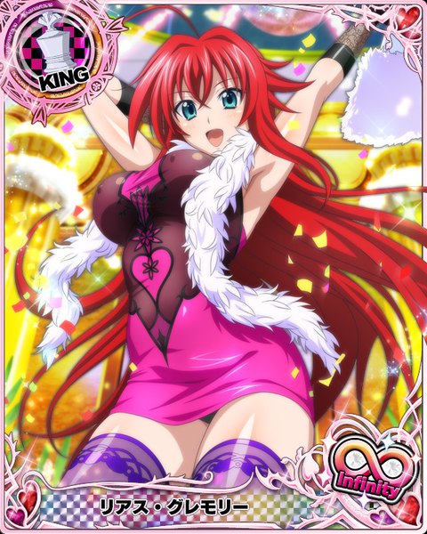 Anime picture 640x800 with highschool dxd rias gremory single tall image looking at viewer breasts open mouth blue eyes light erotic ahoge red hair very long hair armpit (armpits) pantyshot card (medium) girl thighhighs dress underwear panties