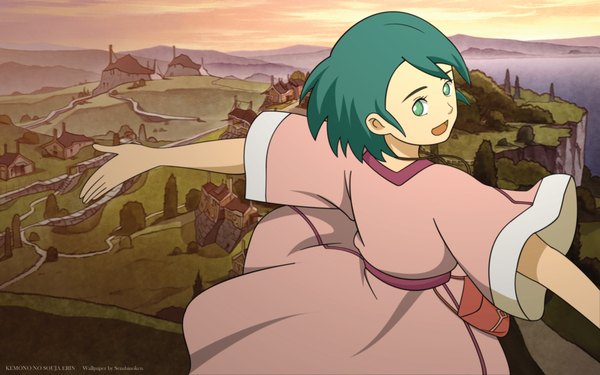 Anime picture 1920x1200 with kemono no souja erin production i.g erin single highres short hair open mouth wide image green eyes looking back green hair from behind spread arms landscape girl building (buildings)
