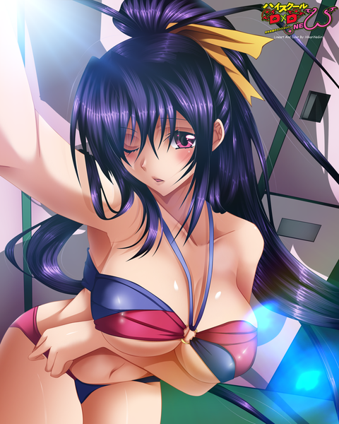Anime picture 1483x1855 with highschool dxd himejima akeno hikarinogiri single long hair tall image blush breasts open mouth light erotic large breasts purple hair ponytail one eye closed pink eyes wink sunlight inscription armpit (armpits) coloring