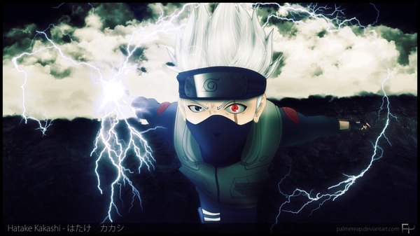 Anime picture 7680x4320 with naruto studio pierrot naruto (series) hatake kakashi palmereap single highres short hair red eyes wide image absurdres cloud (clouds) white hair black eyes inscription heterochromia coloring magic hieroglyph scar