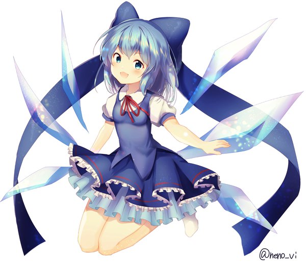 Anime picture 4016x3470 with touhou cirno nenobi (nenorium) single looking at viewer blush highres short hair open mouth blue eyes simple background white background signed blue hair absurdres full body no shoes puffy sleeves twitter username girl